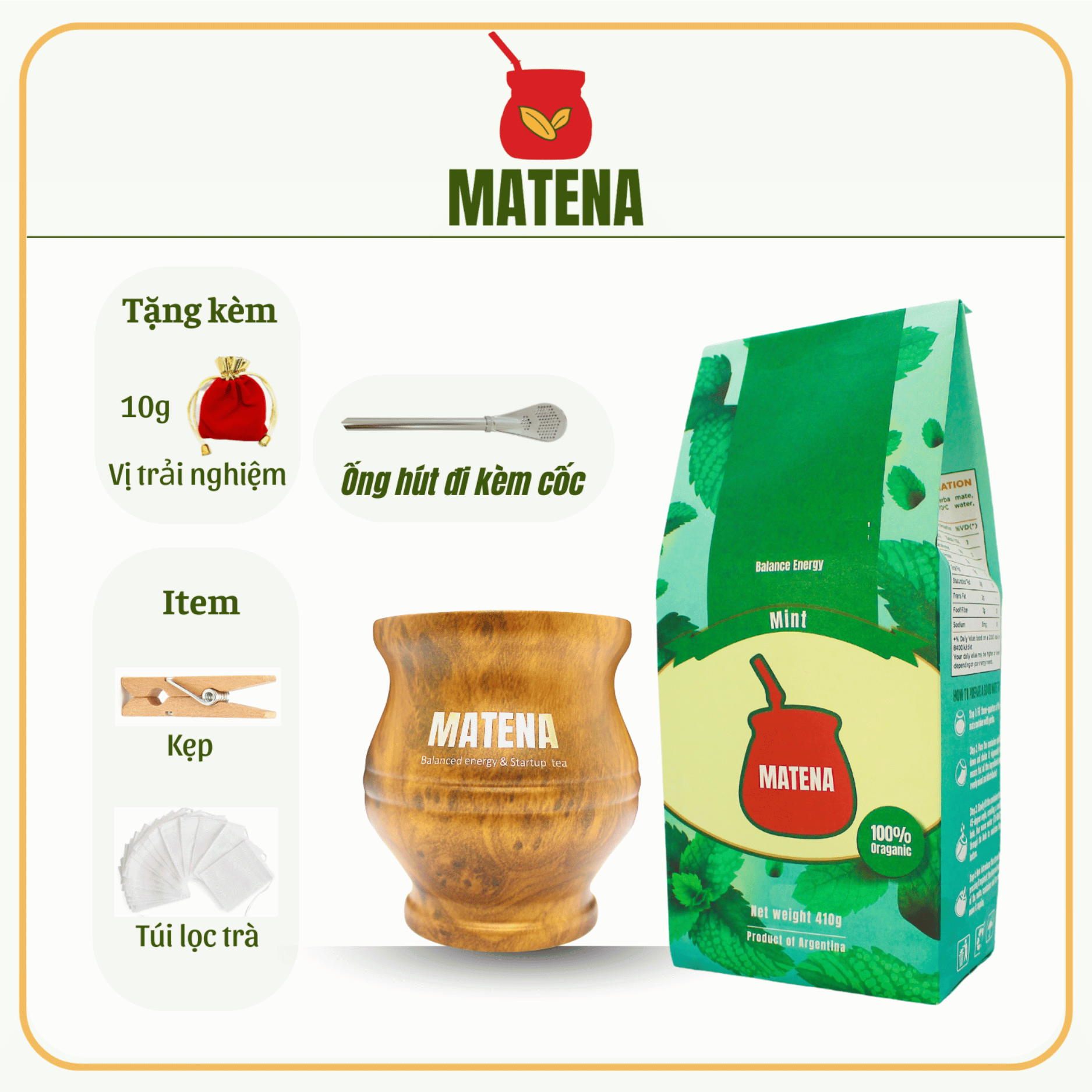 (Combo Trà + Cốc) Trà Nam Mỹ Yerba Mate dòng Bạc Hà